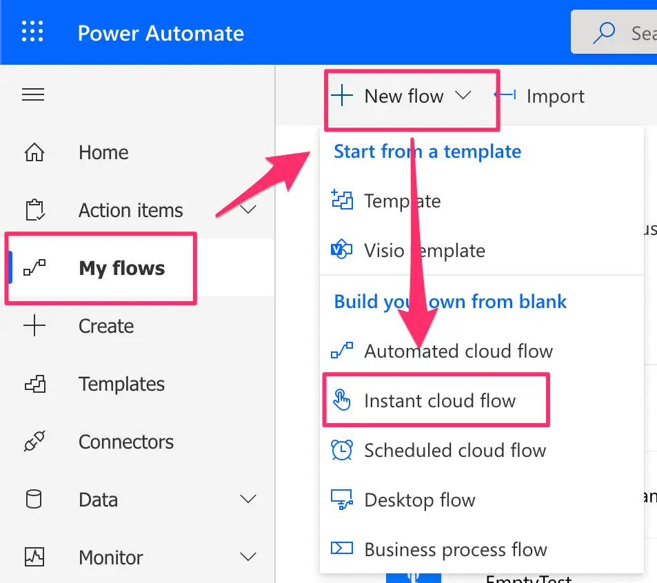 Power Automate Create Instant Cloud Flow