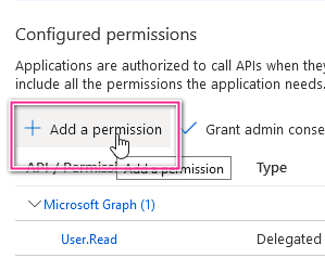 Microsoft Azure Portal Application API permissons add a permission