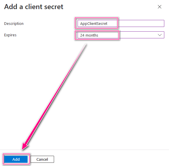 Microsoft Azure Portal Application Add a Client Secret