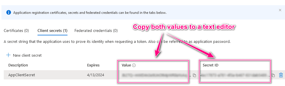Microsoft Azure Portal Application New Client Secret Copy Values