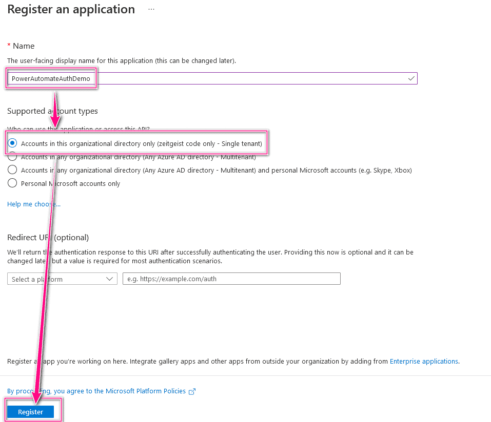 Microsoft Azure Portal Register an application