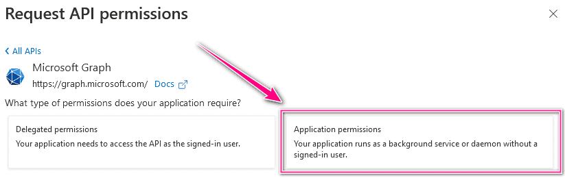 Microsoft Azure Portal Request API permissions application permissions