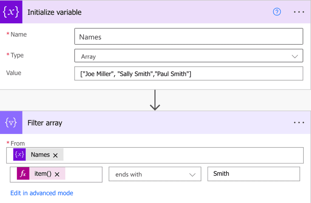 Power Automate Filter Array ends with