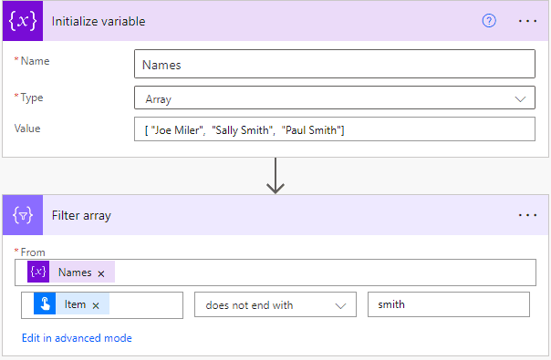 Power Automate filter array does not end with