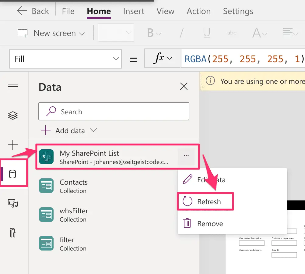 powerapps how to refresh data source