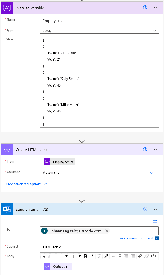 Power Automate Send email HTML table