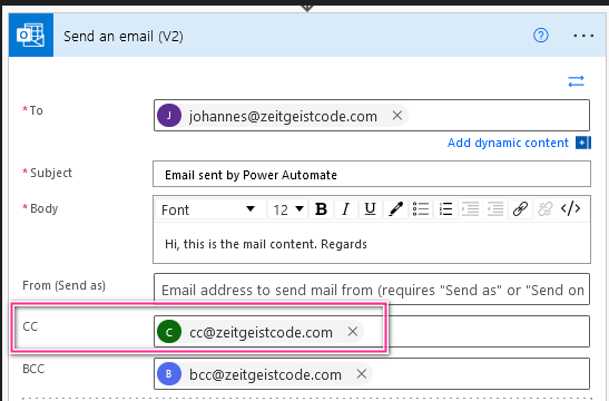 Power Automate Send email cc field
