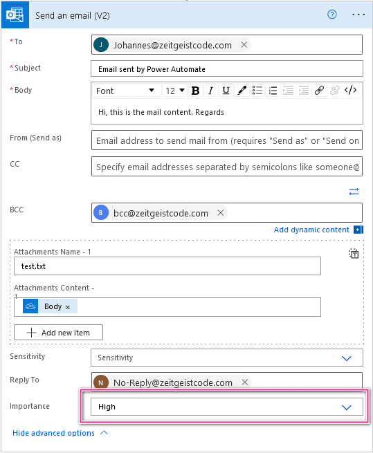 Power Automate Send email importance