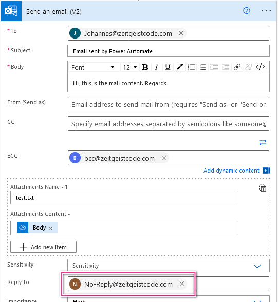 Power Automate Send email reply to field