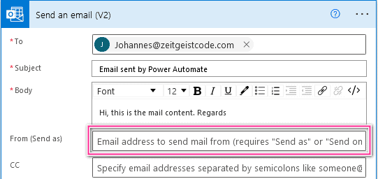 Power Automate Send email sender setting