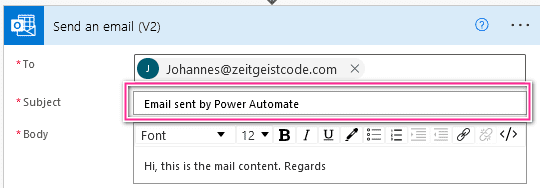 Power Automate Send email subject field