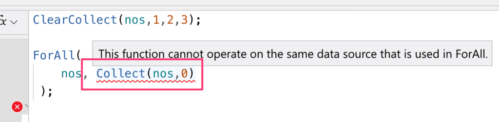 PowerApps ForAll This function can not operate on the same data source that is used in ForAll