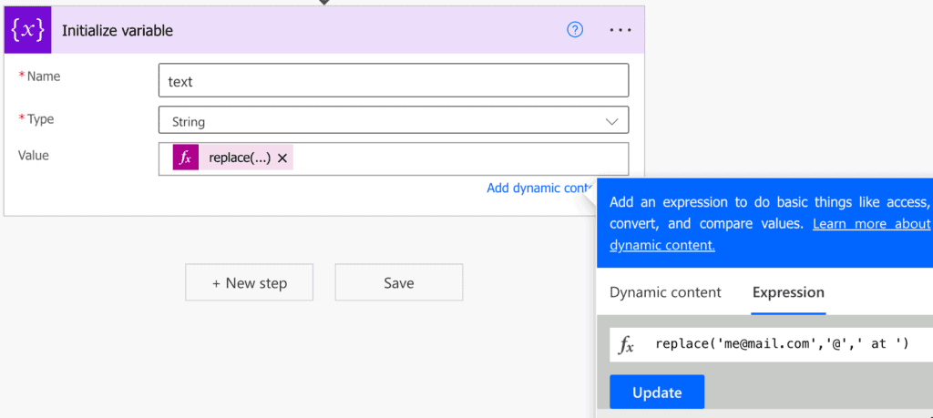 Power Automate Replace function example