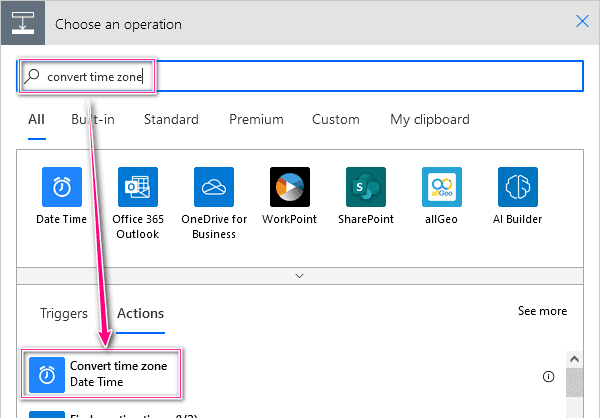 Power Automate Convert Time Zone Action add