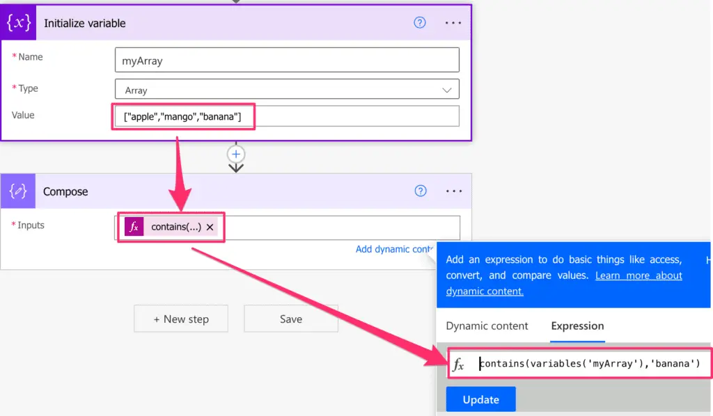 Power Automate contains array