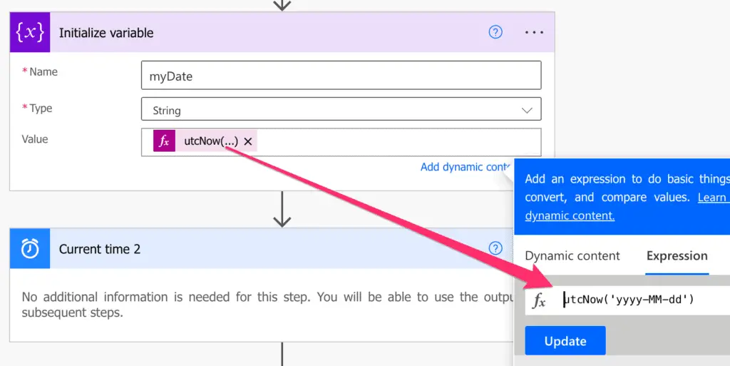 power automate utcnow function