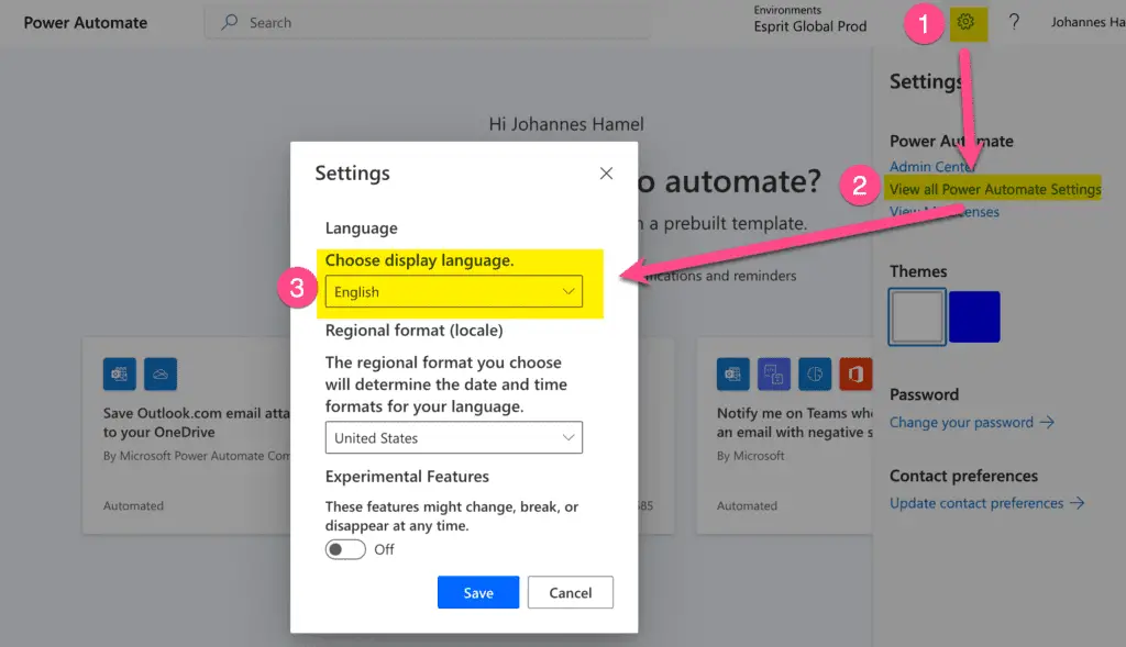 Change Power Automate Language