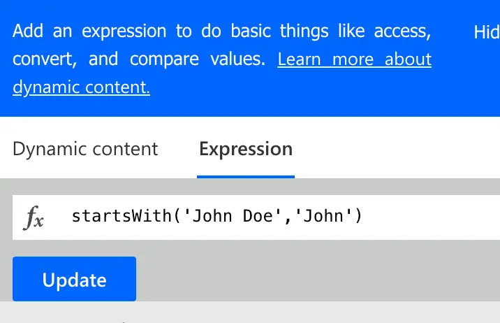 Power Automate StartsWith expression